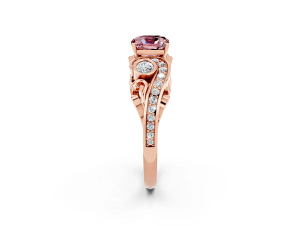 Rose gold Cushion Cut Morganite Solitaire Ring with Milgrain Pavé Band and Four-Prong Setting