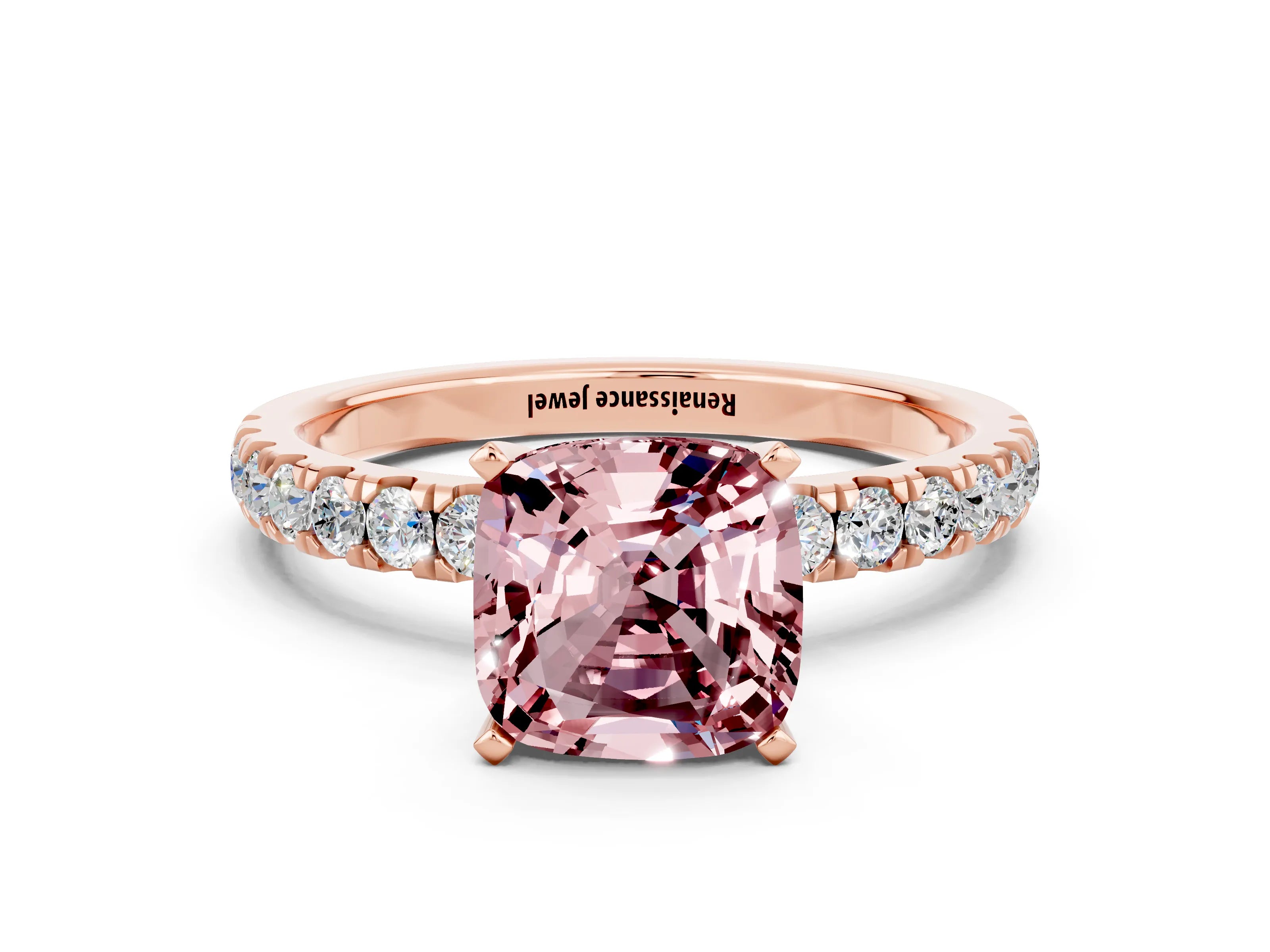Rose gold Cushion Cut Morganite Solitaire Ring with Pavé Accents and Four-Prong Setting