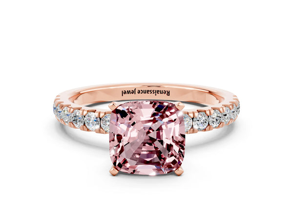 Rose gold Cushion Cut Morganite Solitaire Ring with Pavé Accents and Four-Prong Setting