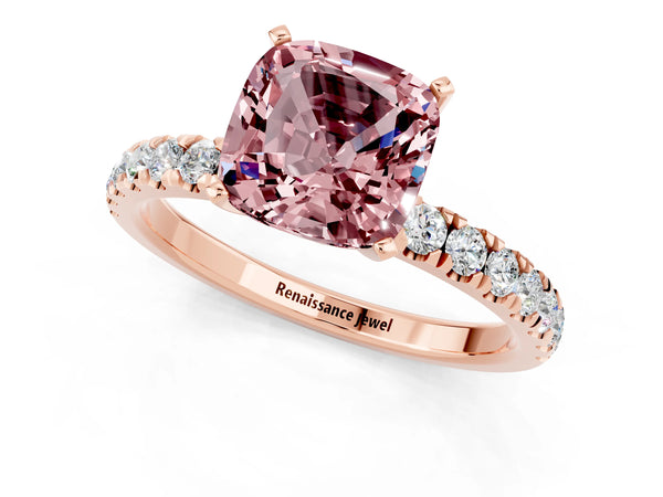 Rose gold Cushion Cut Morganite Solitaire Ring with Pavé Accents and Four-Prong Setting