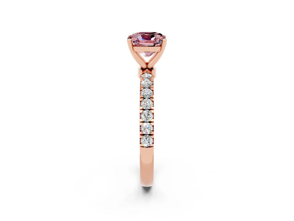 Rose gold Cushion Cut Morganite Solitaire Ring with Pavé Accents and Four-Prong Setting