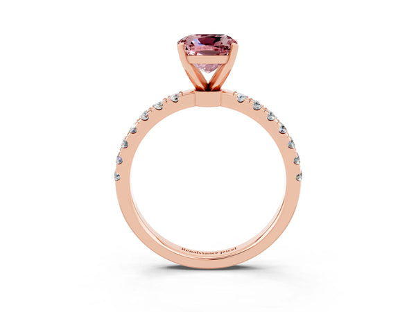 Rose gold Cushion Cut Morganite Solitaire Ring with Pavé Accents and Four-Prong Setting
