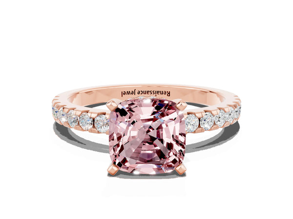 Rose gold Cushion Cut Morganite Solitaire Ring with Round  Pavé Band and Four-Prong Setting