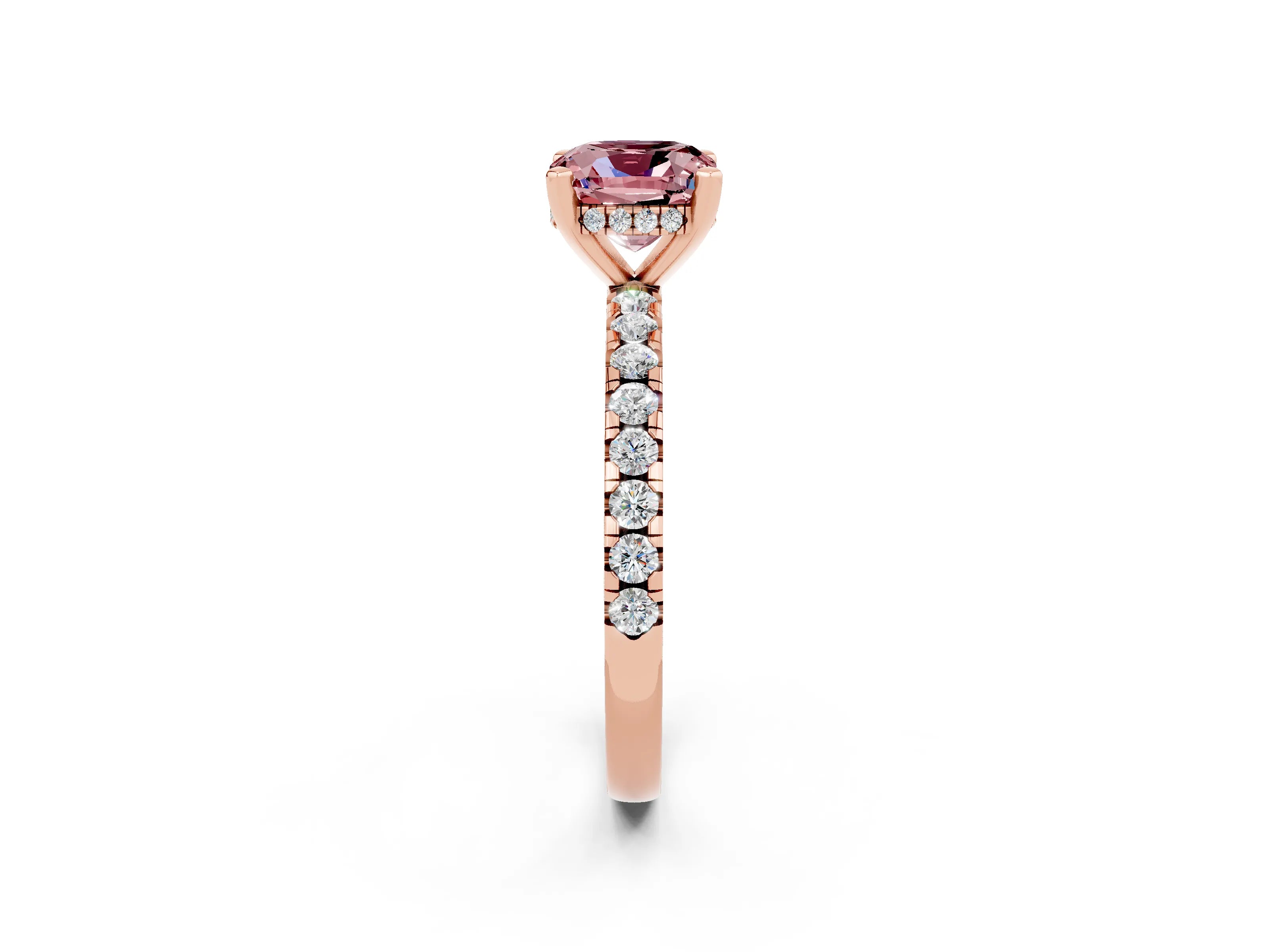Rose gold Cushion Cut Morganite Solitaire Ring with Pavé Band and Four-Prong Setting_14