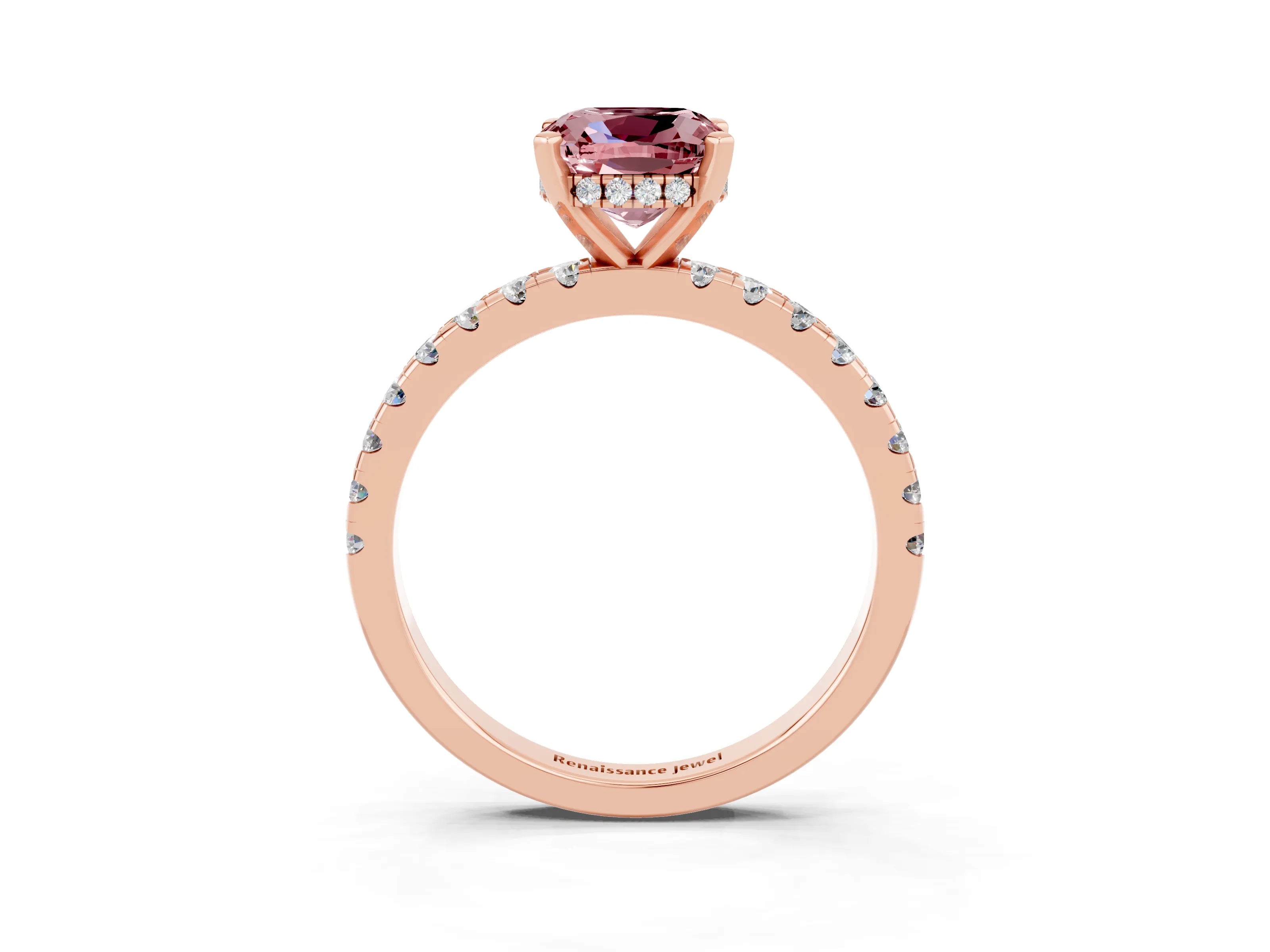 Rose gold Cushion Cut Morganite Solitaire Ring with Pavé Band and Four-Prong Setting_15