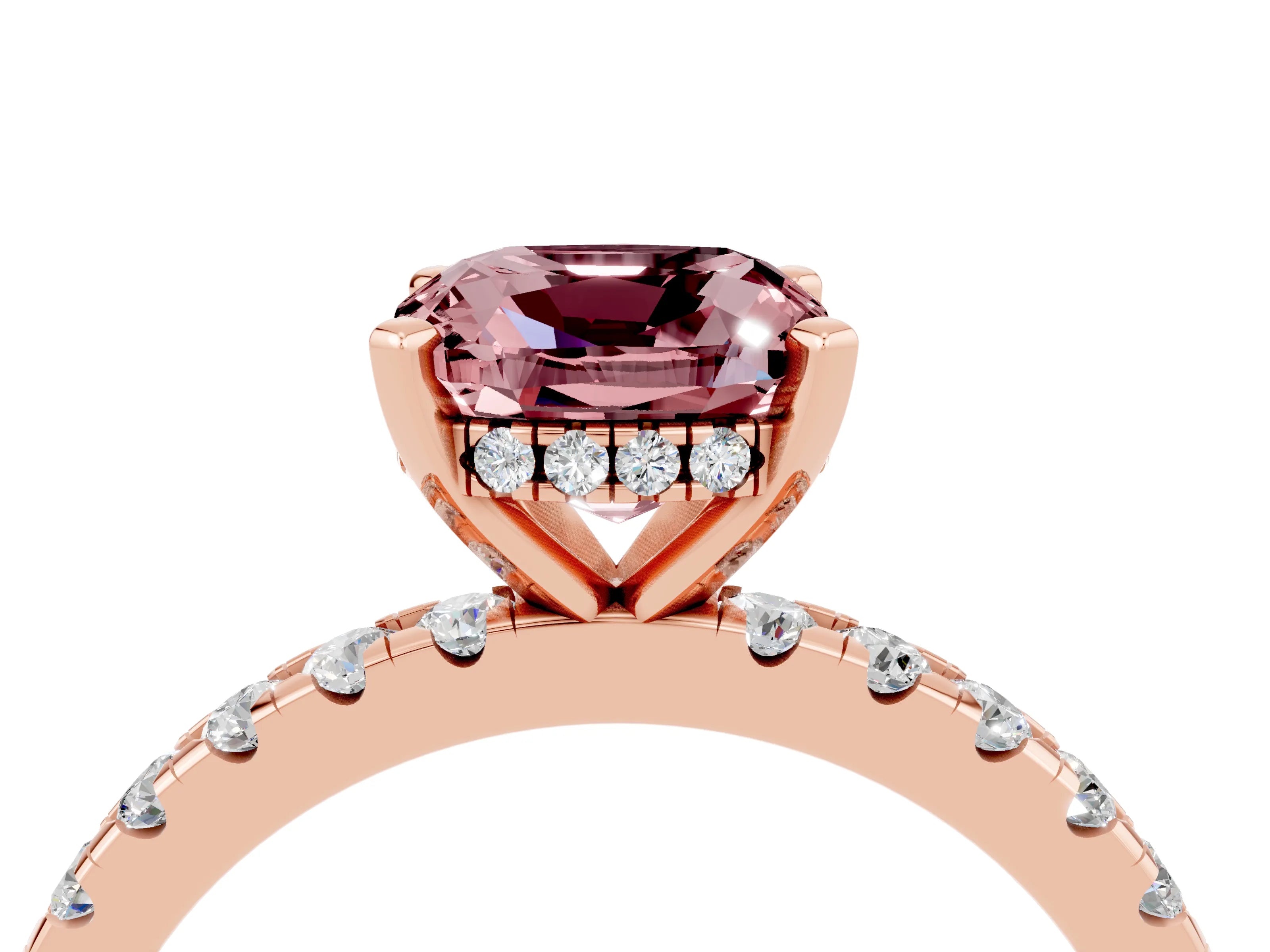 Rose gold Cushion Cut Morganite Solitaire Ring with Pavé Band and Four-Prong Setting_16