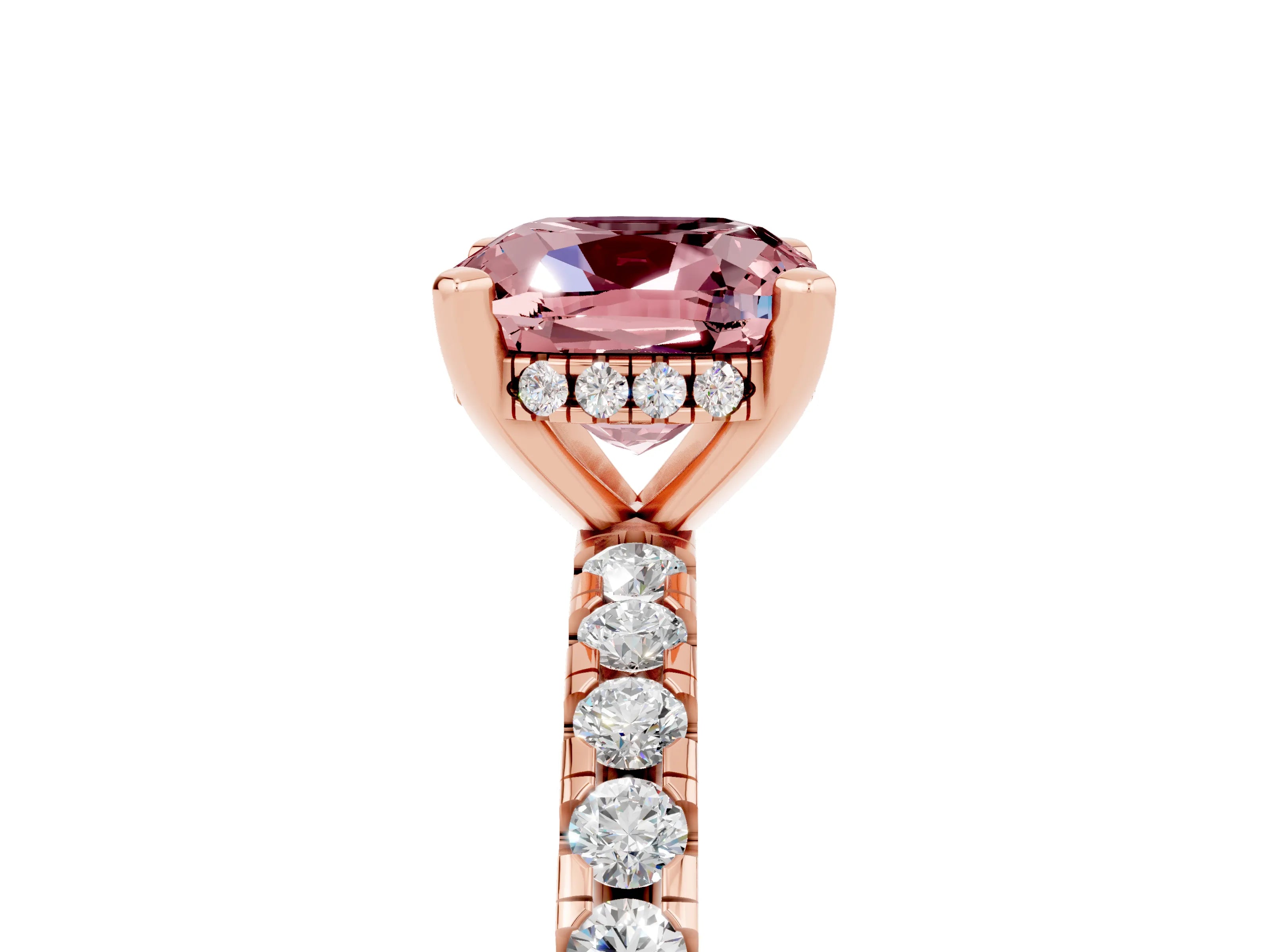 Rose gold Cushion Cut Morganite Solitaire Ring with Pavé Band and Four-Prong Setting_17
