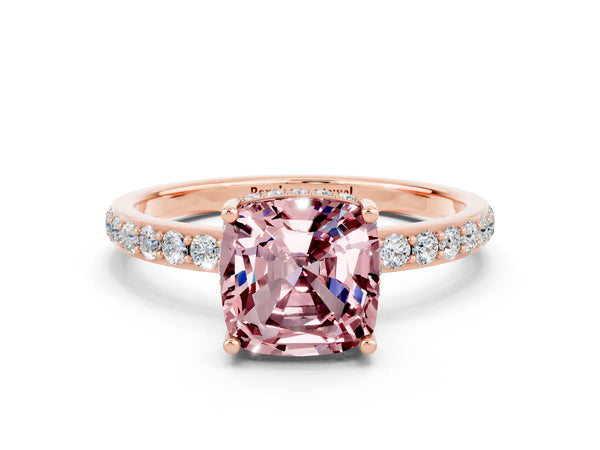 Rose gold Cushion Cut Morganite Solitaire Ring with Pavé Band and Hidden Halo