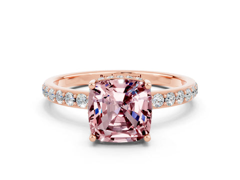 Rose gold Cushion Cut Morganite Solitaire Ring with Pavé Band and Hidden Halo_12