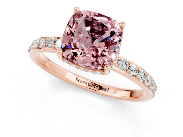 Rose gold Cushion Cut Morganite Solitaire Ring with Pavé Band and Hidden Halo