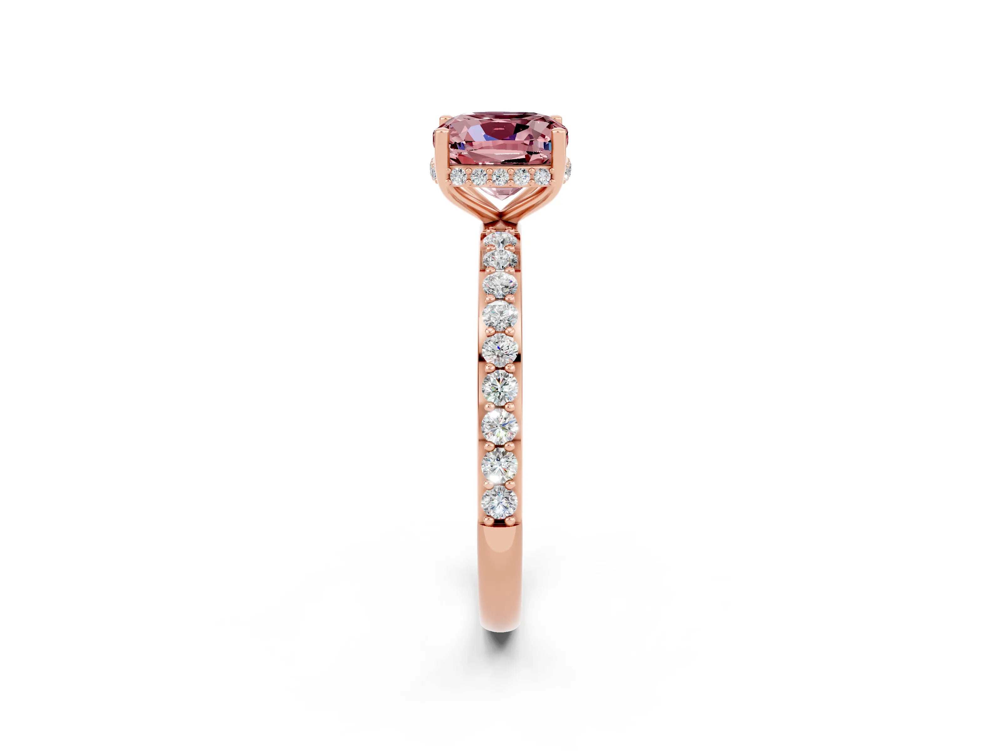 Rose gold Cushion Cut Morganite Solitaire Ring with Pavé Band and Hidden Halo_14