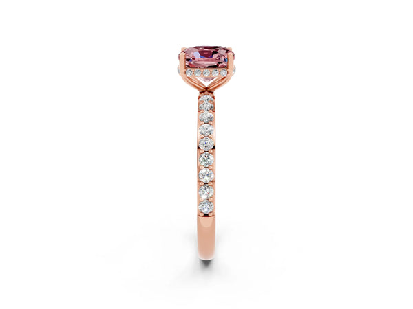 Rose gold Cushion Cut Morganite Solitaire Ring with Pavé Band and Hidden Halo