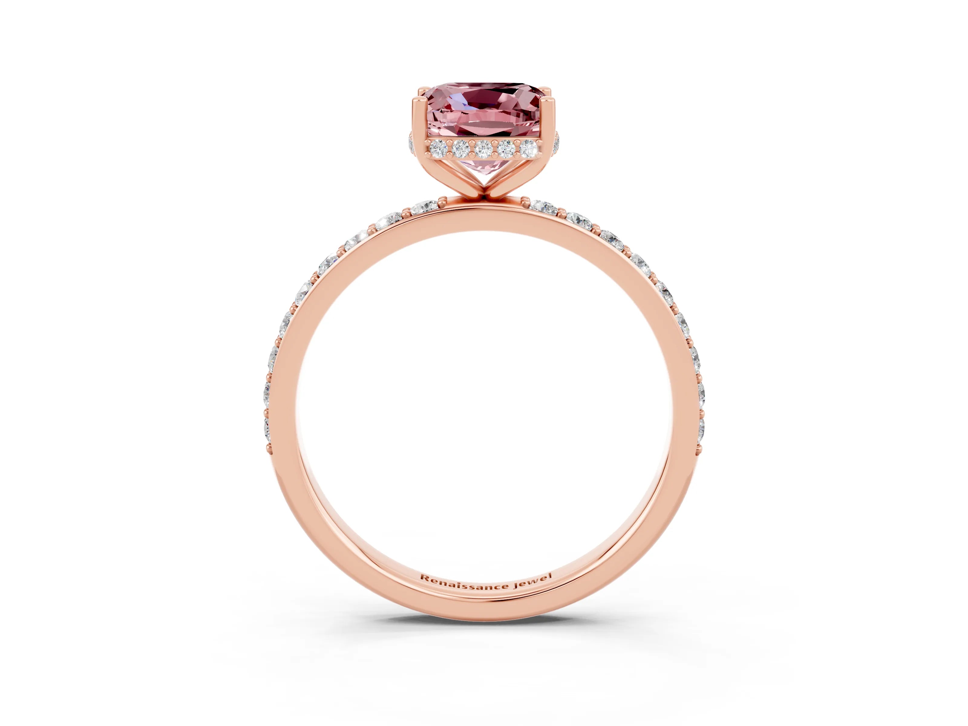 Rose gold Cushion Cut Morganite Solitaire Ring with Pavé Band and Hidden Halo_15
