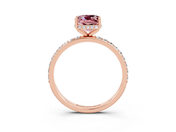Rose gold Cushion Cut Morganite Solitaire Ring with Pavé Band and Hidden Halo