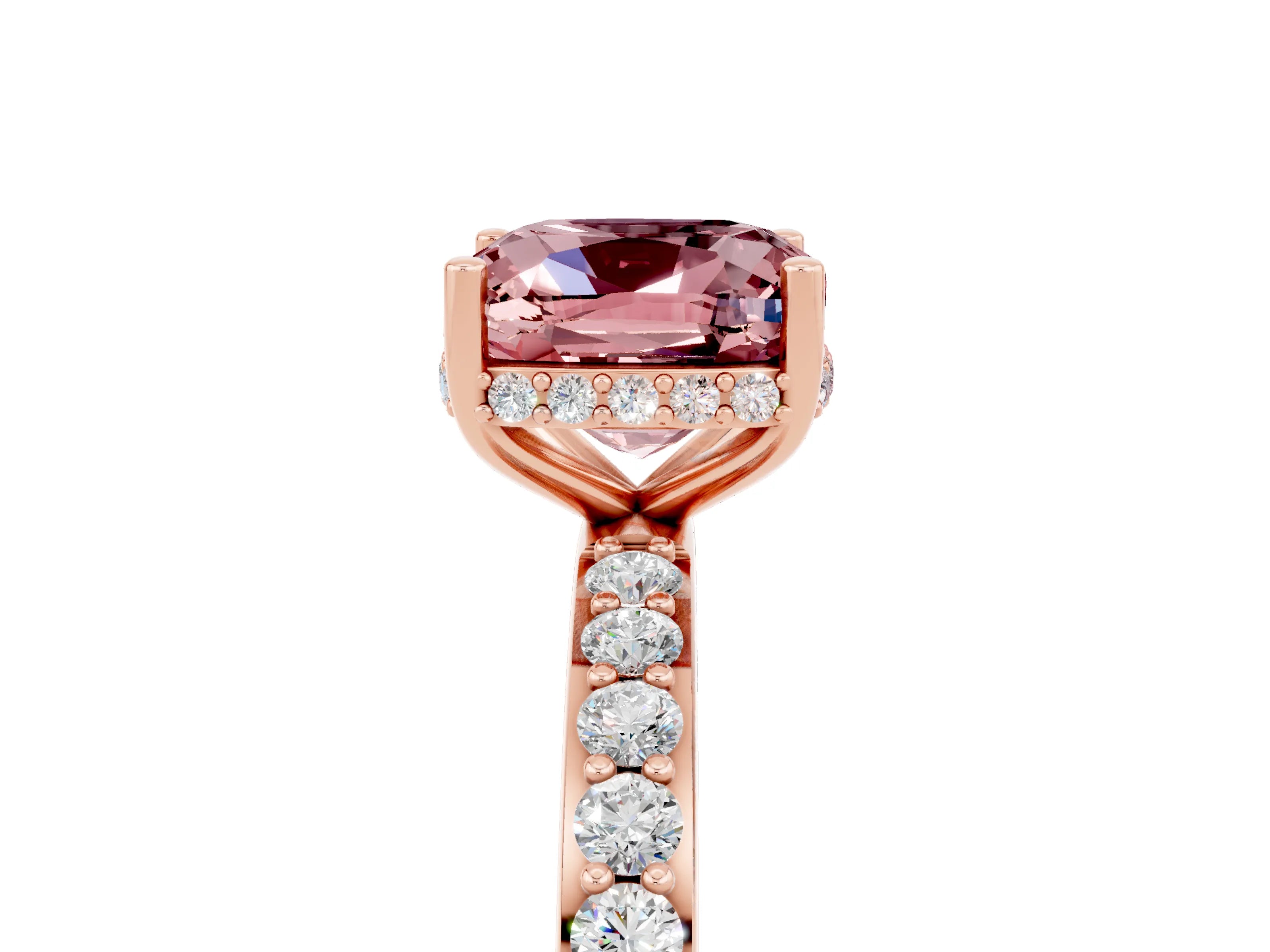 Rose gold Cushion Cut Morganite Solitaire Ring with Pavé Band and Hidden Halo_17