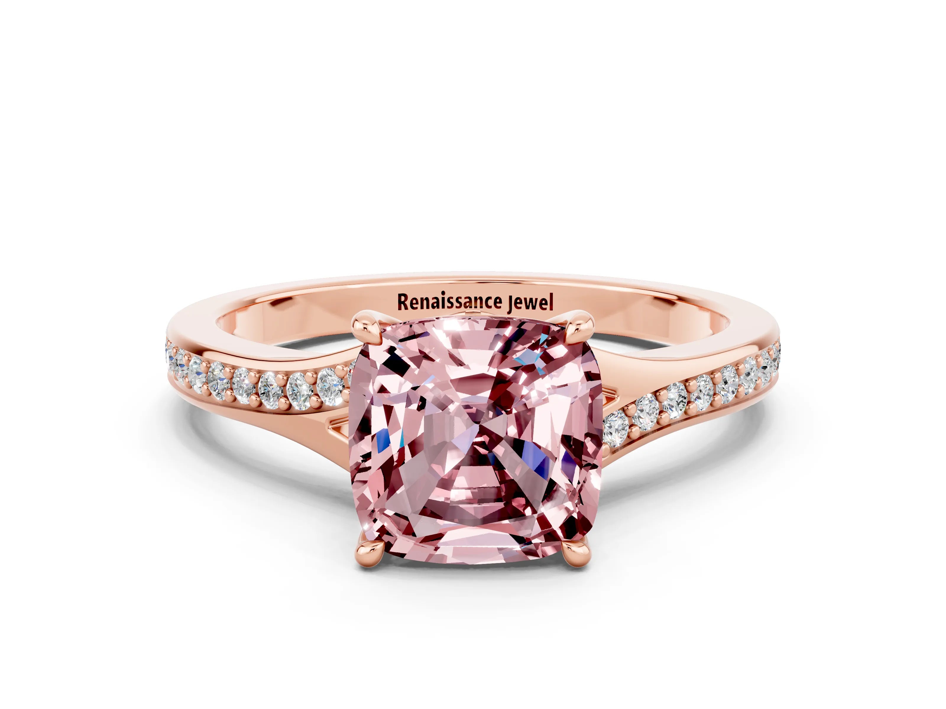 Rose gold Cushion Cut Morganite Solitaire Ring with Pavé Band and Prong Setting