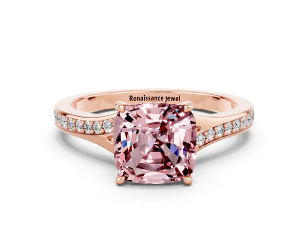 Rose gold Cushion Cut Morganite Solitaire Ring with Pavé Band and Prong Setting