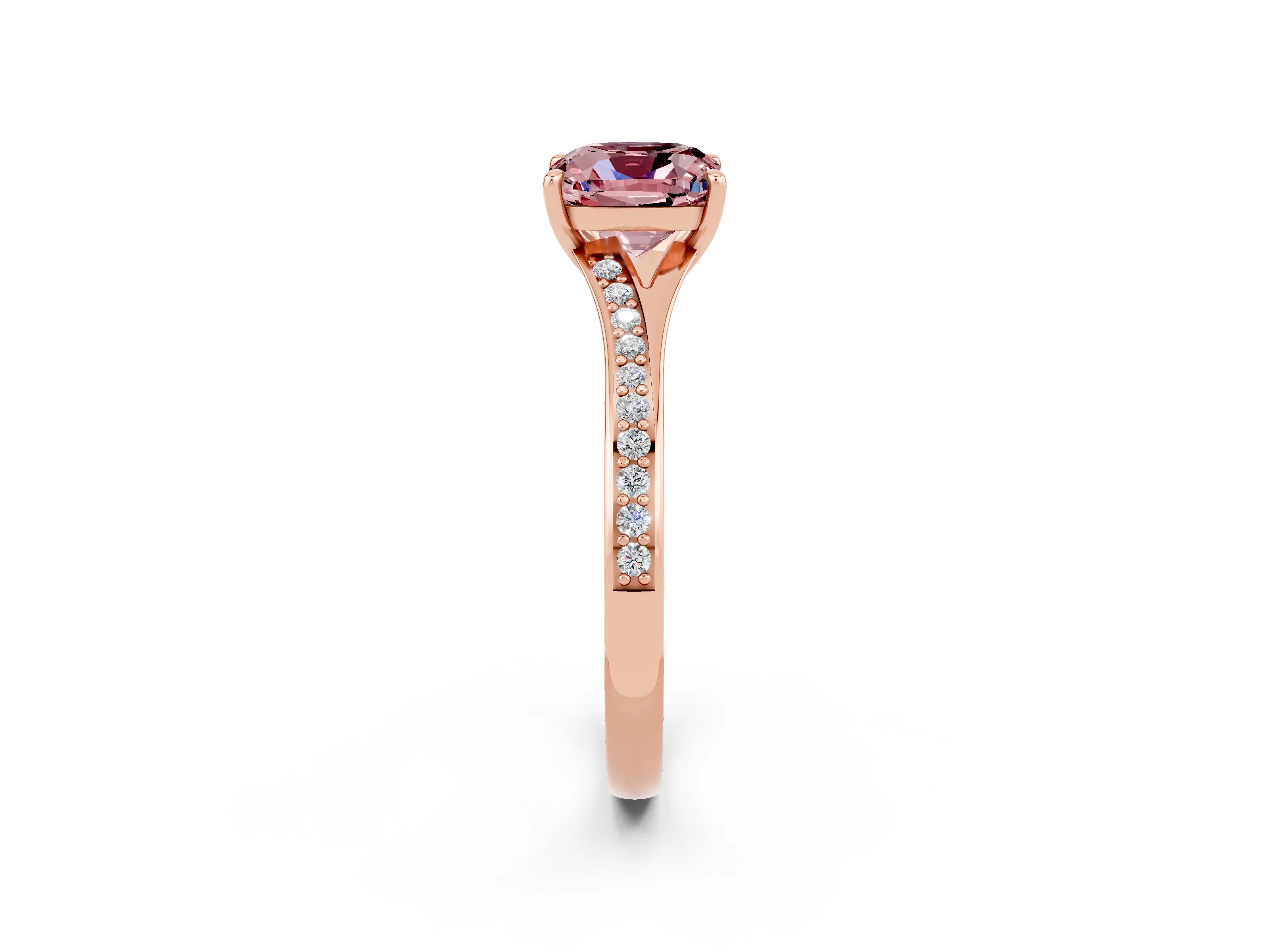 Rose gold Cushion Cut Morganite Solitaire Ring with Pavé Band and Prong Setting_2