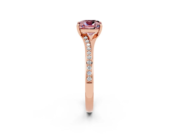 Rose gold Cushion Cut Morganite Solitaire Ring with Pavé Band and Prong Setting