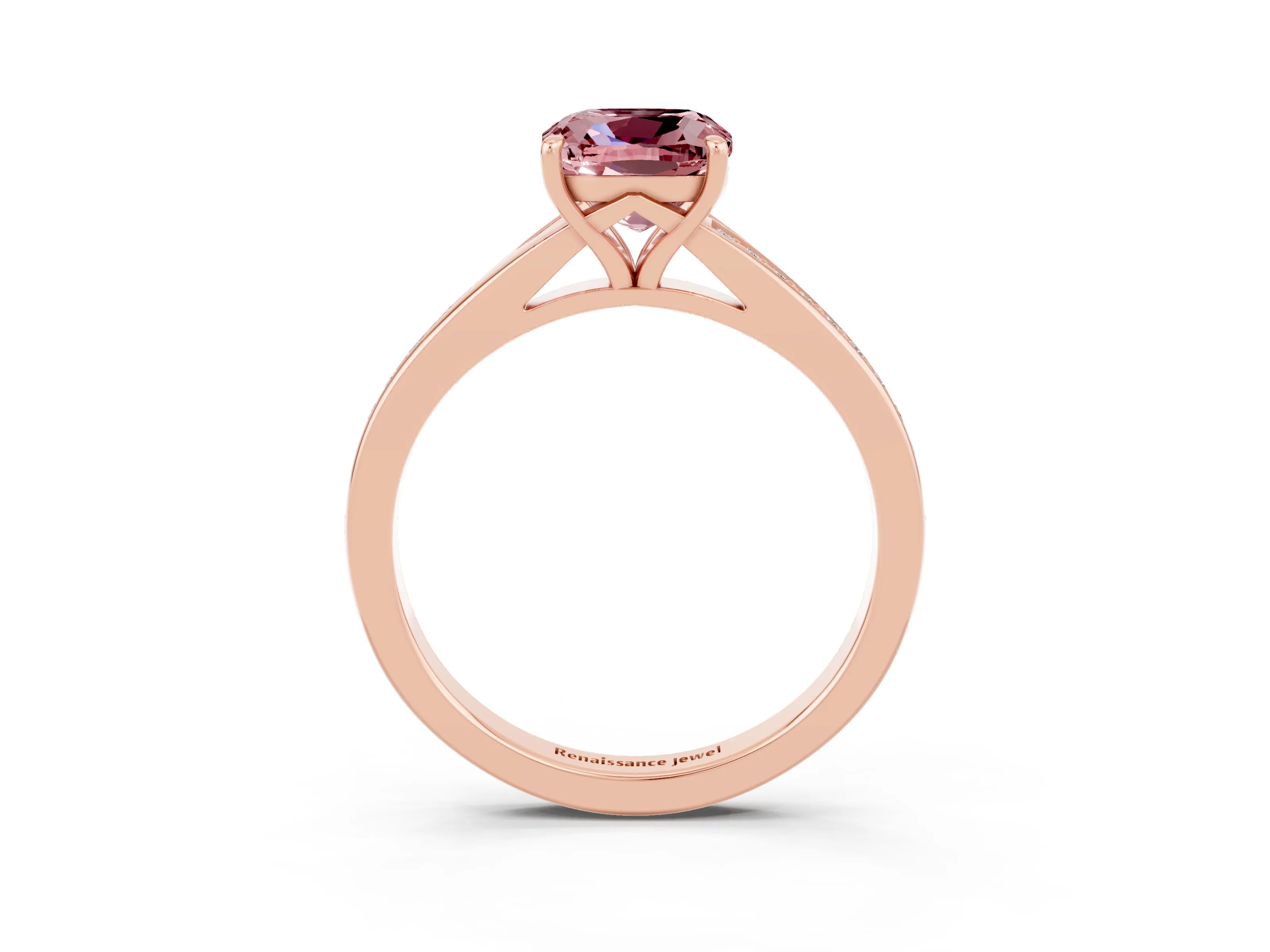 Rose gold Cushion Cut Morganite Solitaire Ring with Pavé Band and Prong Setting_3