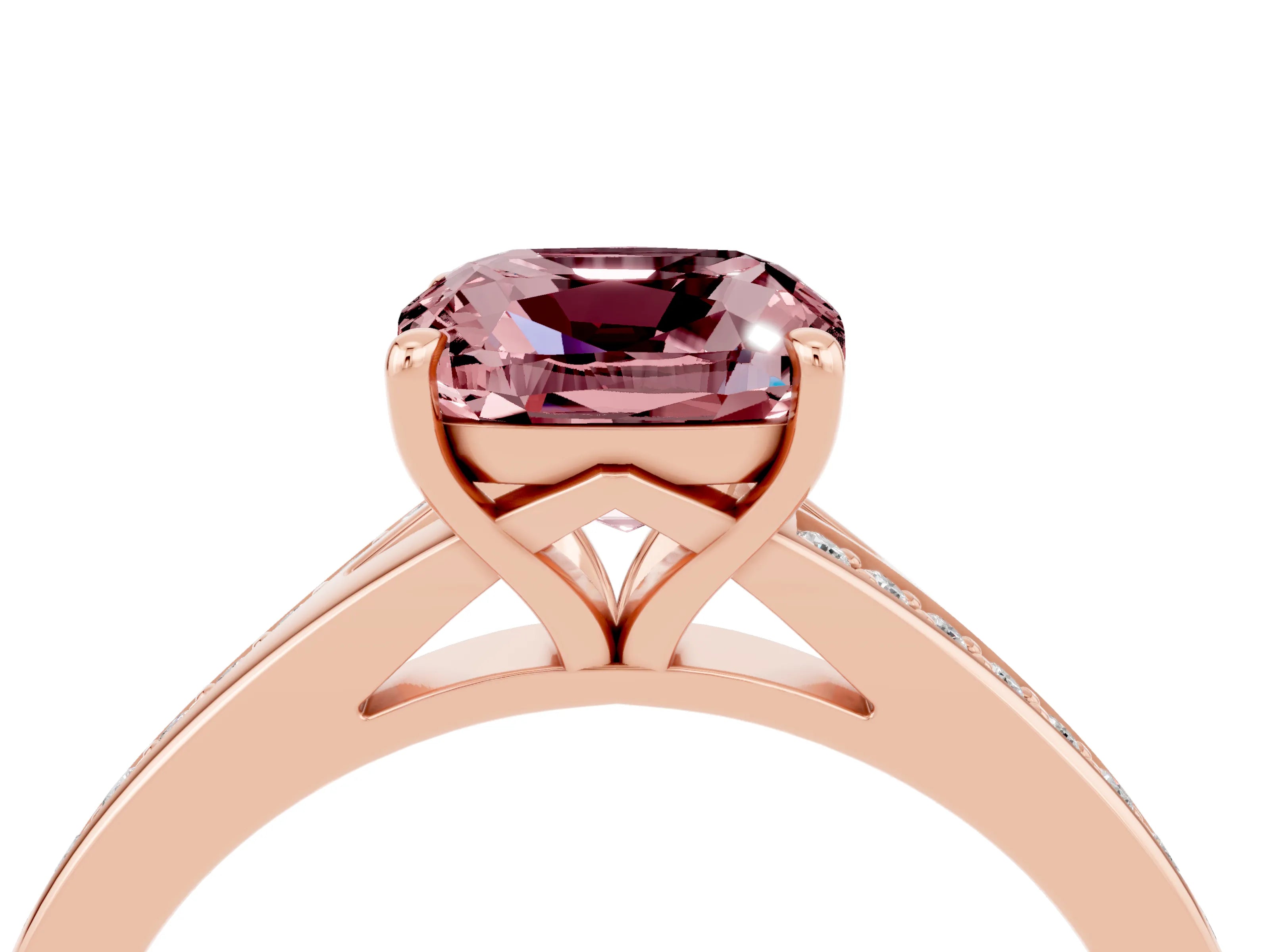 Rose gold Cushion Cut Morganite Solitaire Ring with Pavé Band and Prong Setting_4