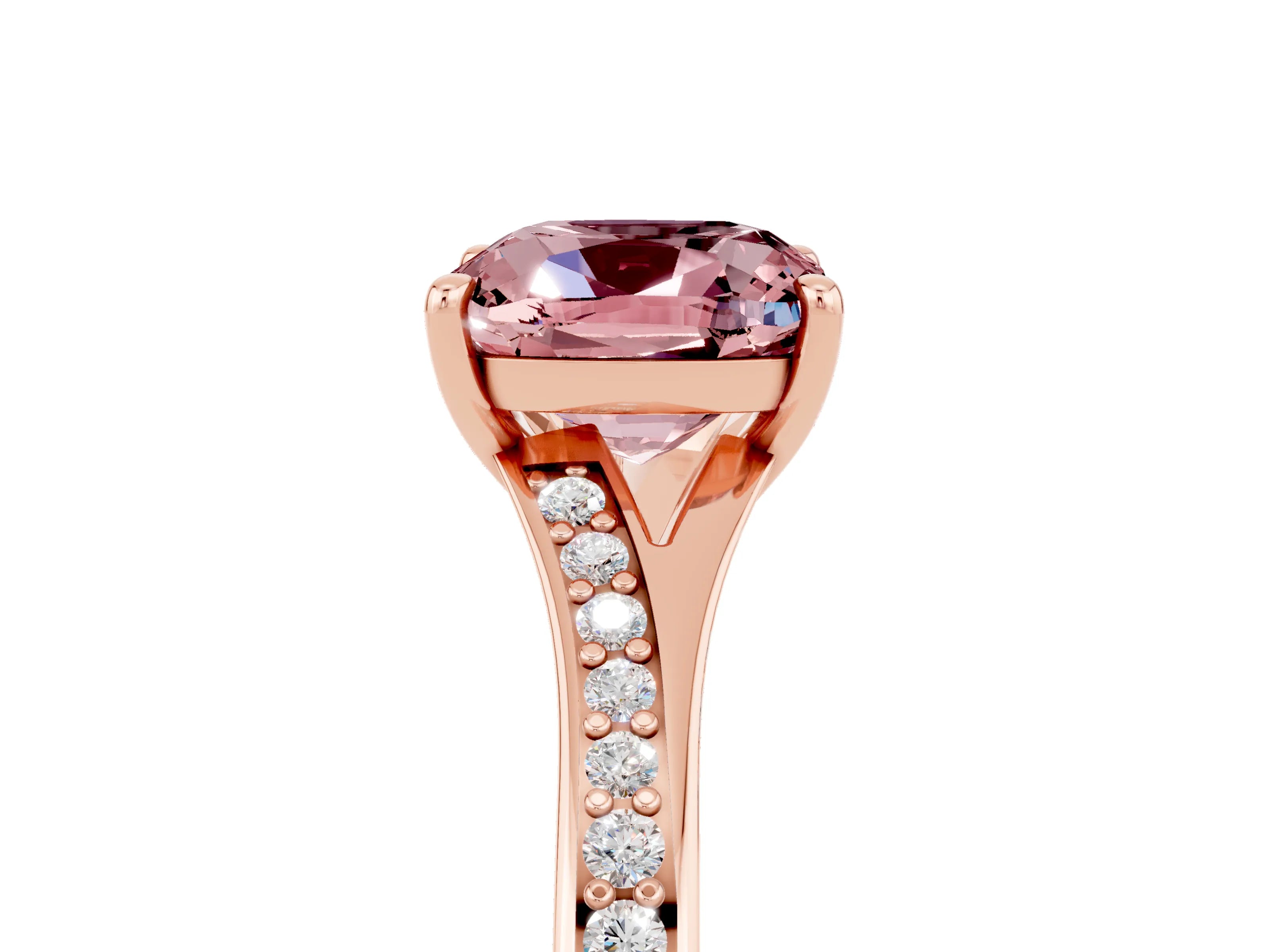 Rose gold Cushion Cut Morganite Solitaire Ring with Pavé Band and Prong Setting_5