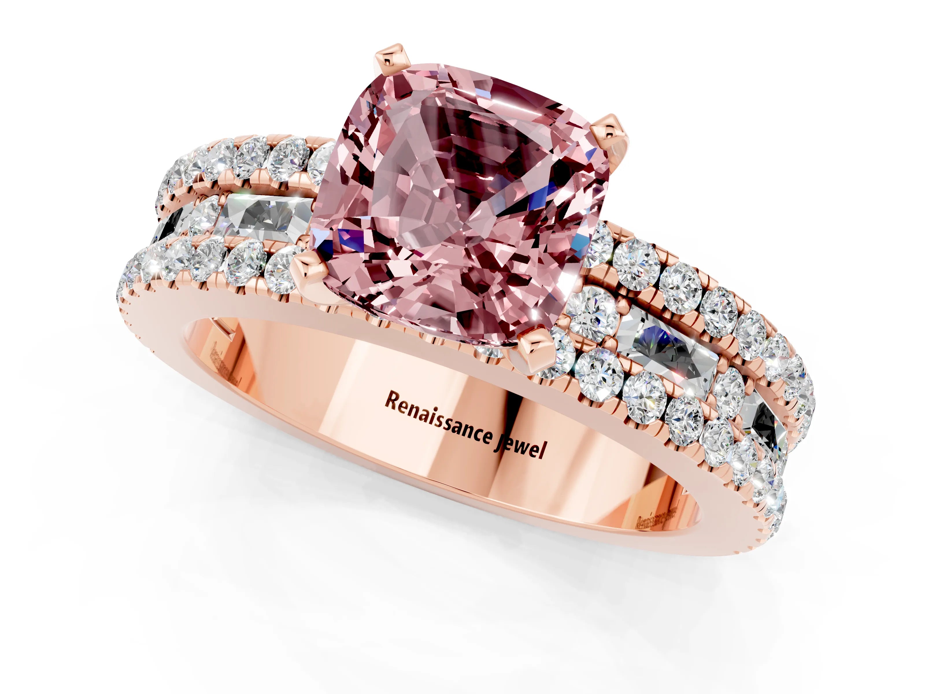 Rose gold Cushion Cut Morganite Solitaire Ring with Pavé and Channel Set Band_1