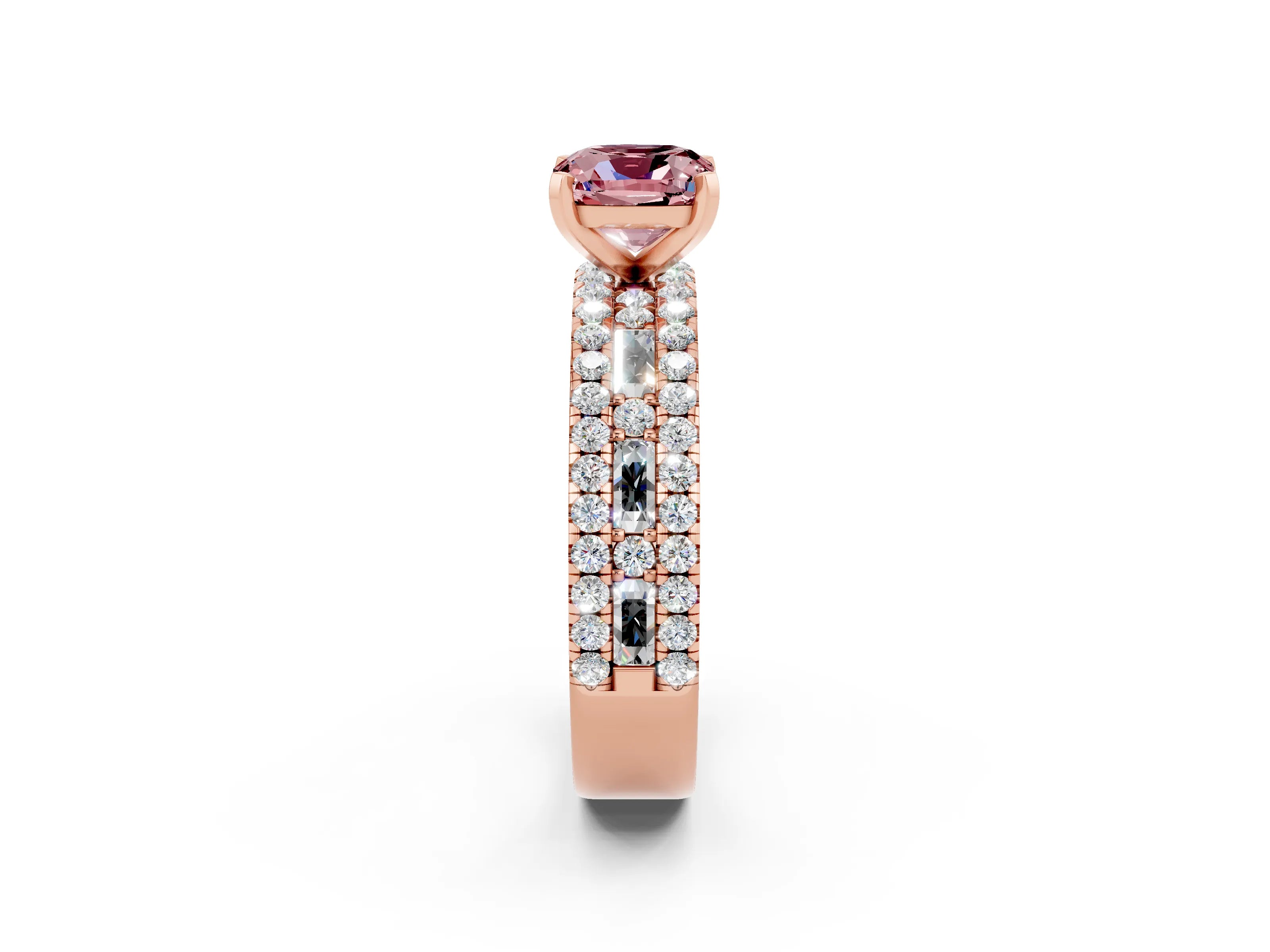Rose gold Cushion Cut Morganite Solitaire Ring with Pavé and Channel Set Band_2