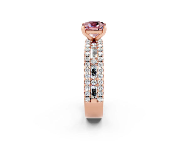 Rose gold Cushion Cut Morganite Solitaire Ring with Pavé and Channel Set Band