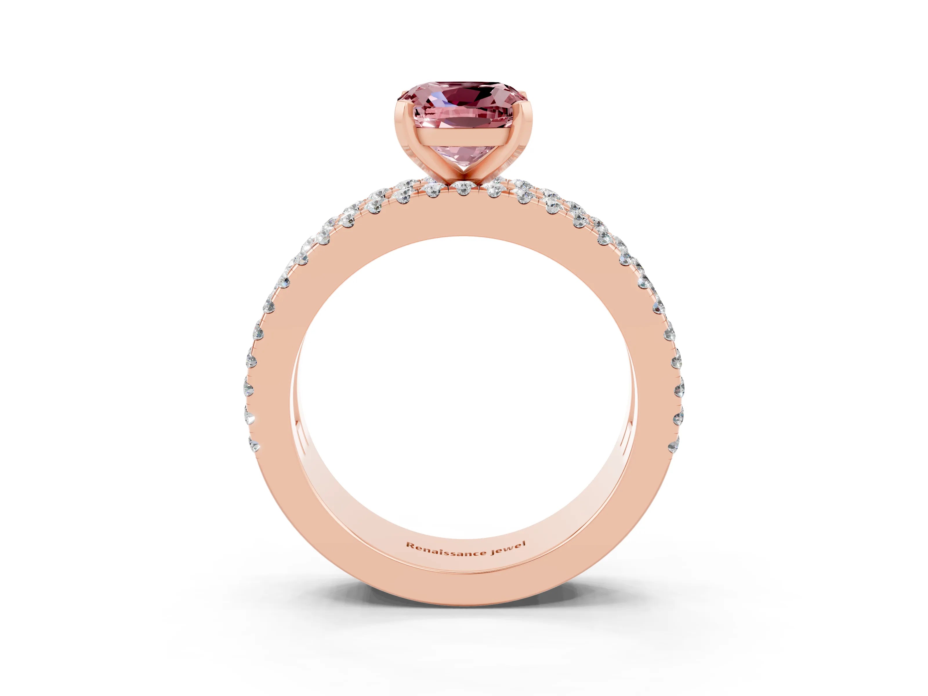 Rose gold Cushion Cut Morganite Solitaire Ring with Pavé and Channel Set Band_3