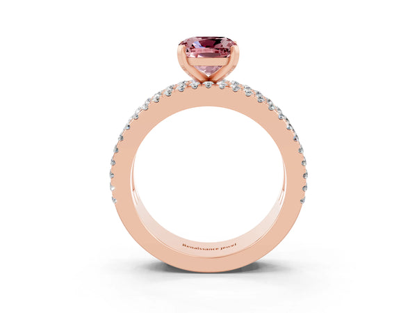 Rose gold Cushion Cut Morganite Solitaire Ring with Pavé and Channel Set Band