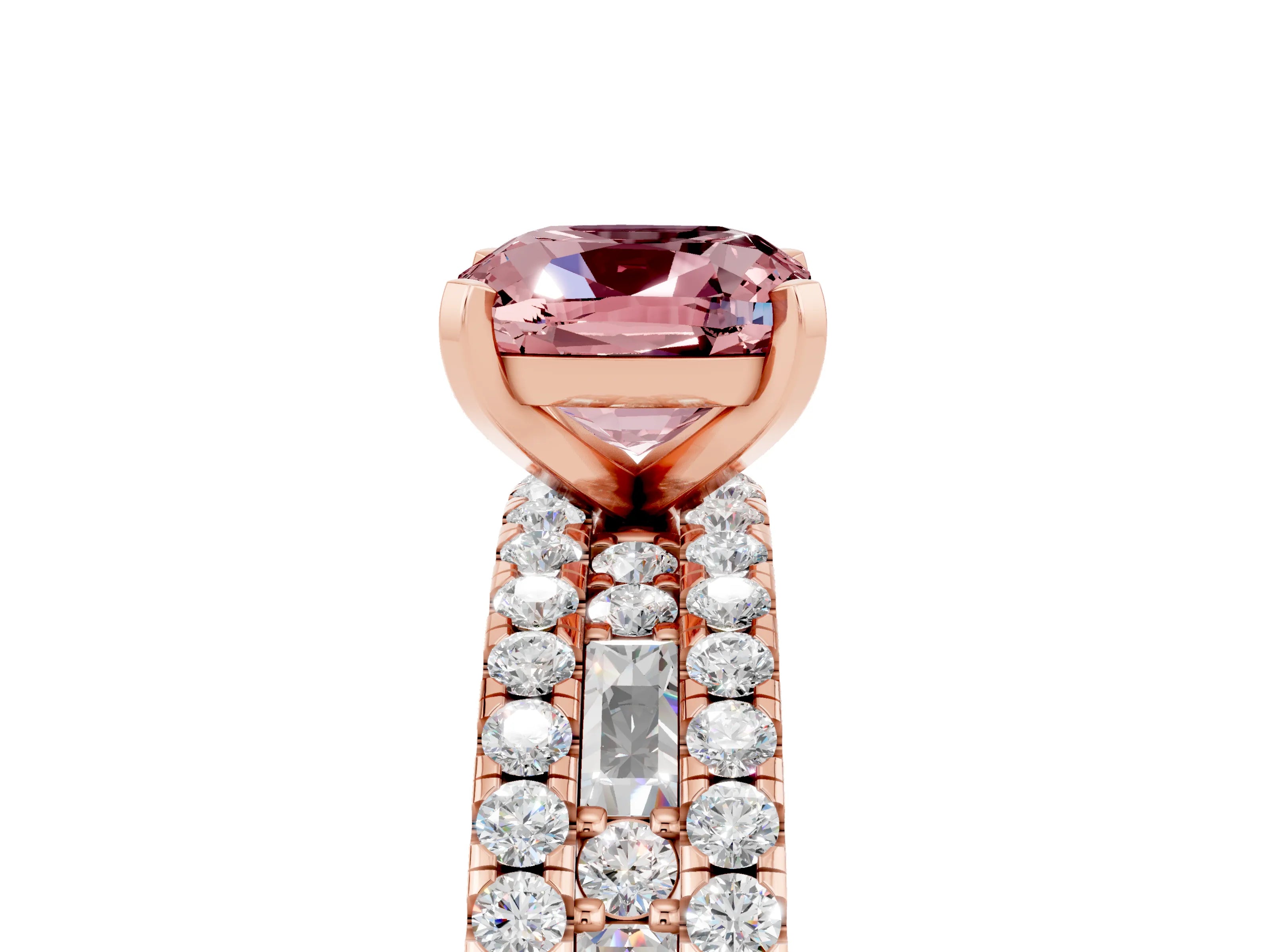 Rose gold Cushion Cut Morganite Solitaire Ring with Pavé and Channel Set Band_5