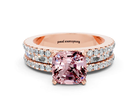 Rose gold Cushion Cut Morganite Solitaire Ring with Pavé and Channel Set Band
