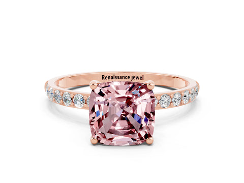 Rose gold Cushion Cut Morganite Solitaire Ring with Pave Band and Four Prong Setting_24