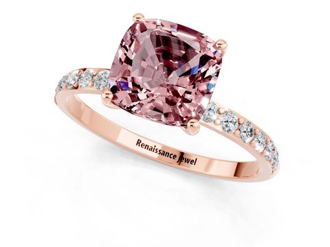 Rose gold Cushion Cut Morganite Solitaire Ring with Pave Band and Four Prong Setting_25