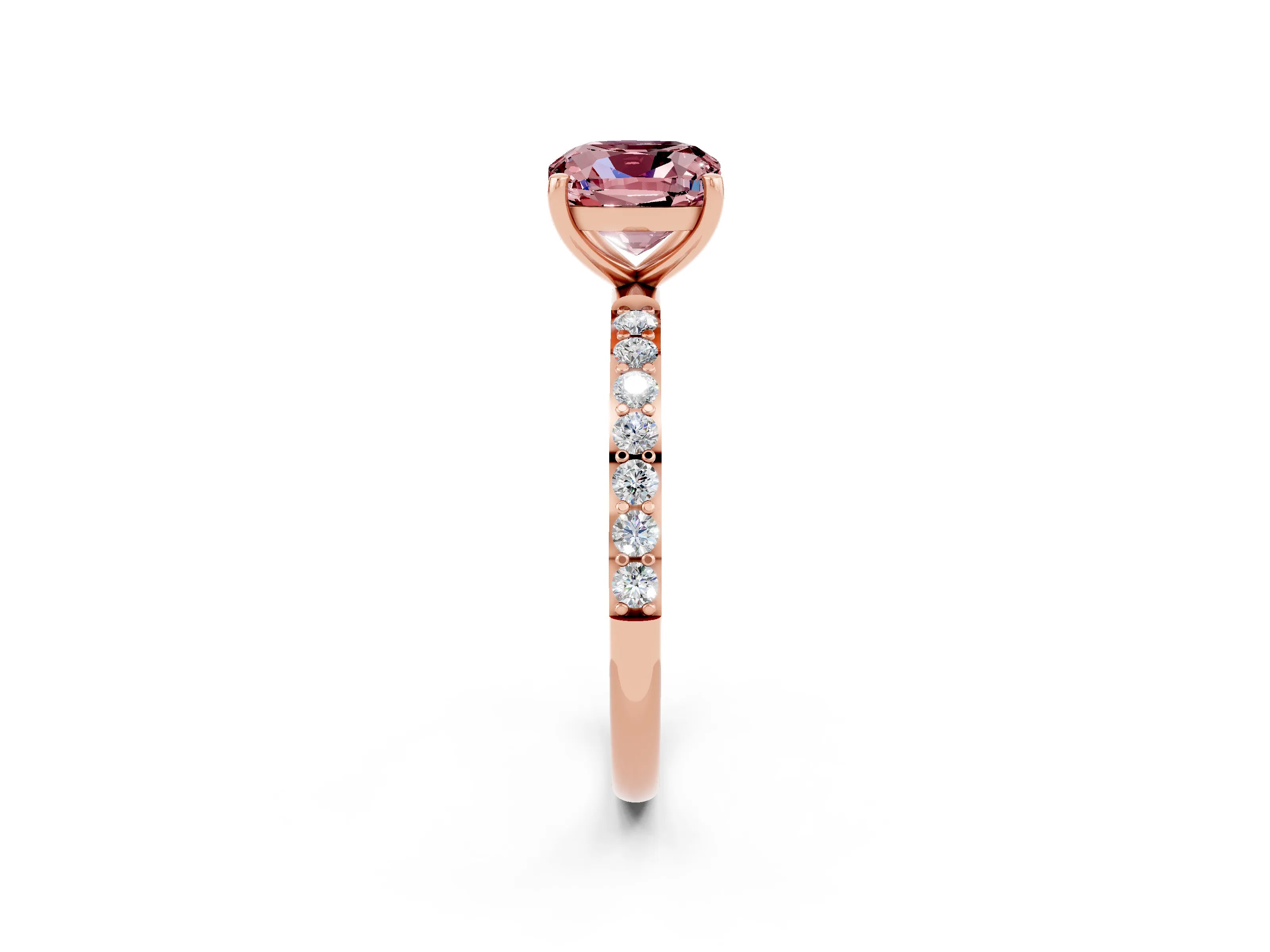 Rose gold Cushion Cut Morganite Solitaire Ring with Pave Band and Four Prong Setting_26