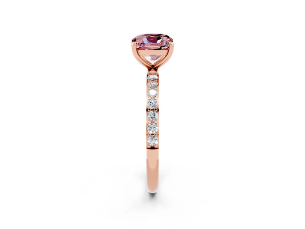 Rose gold Cushion Cut Morganite Solitaire Ring with Round  Pavé Band and Prong Setting