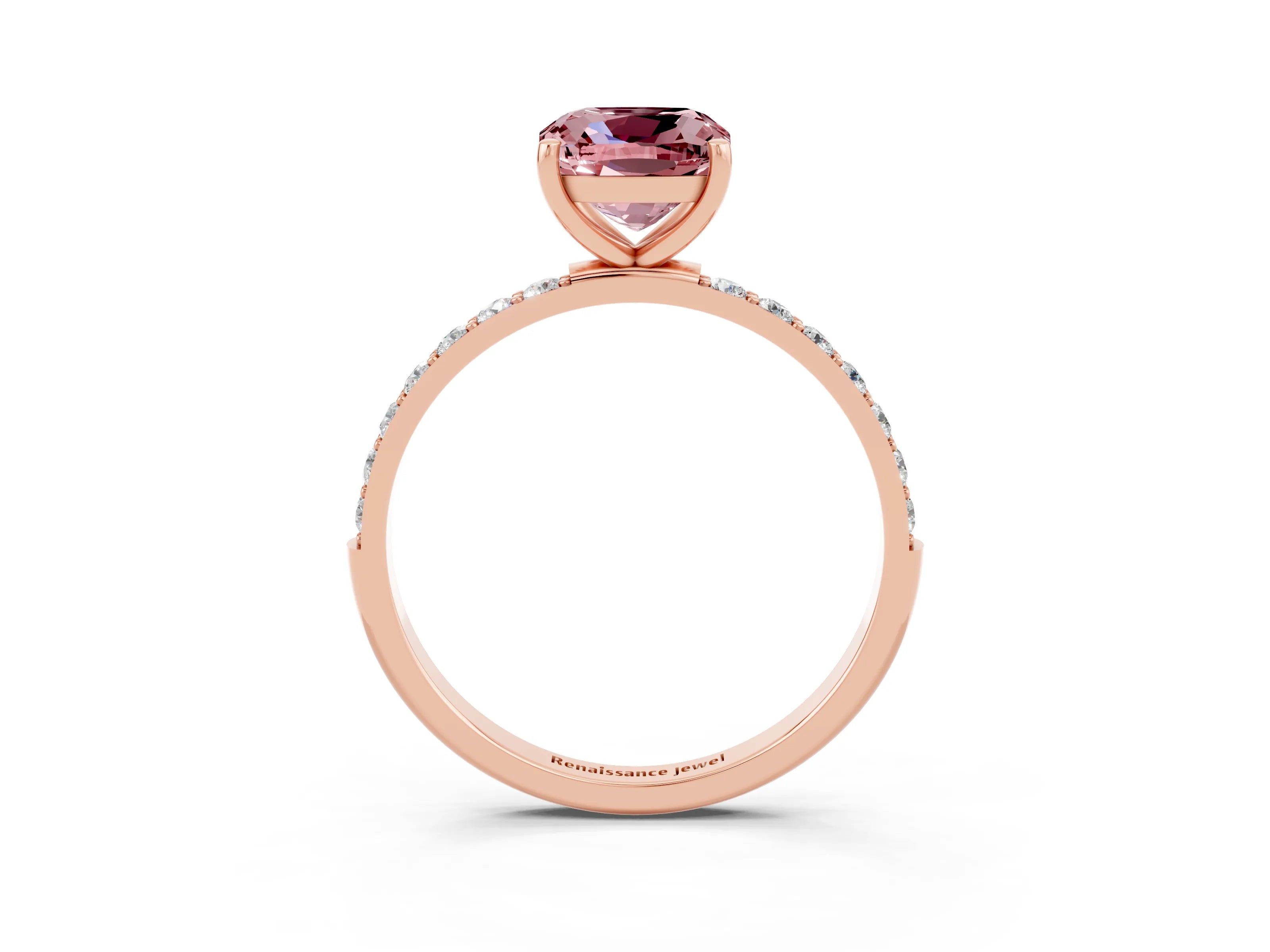 Rose gold Cushion Cut Morganite Solitaire Ring with Pave Band and Four Prong Setting_27