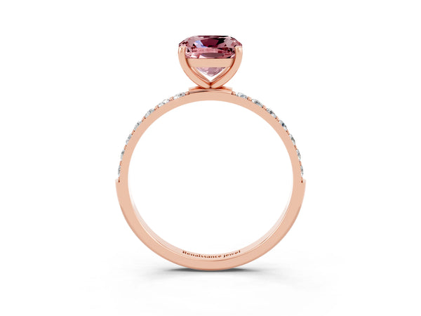 Rose gold Cushion Cut Morganite Solitaire Ring with Round  Pavé Band and Prong Setting