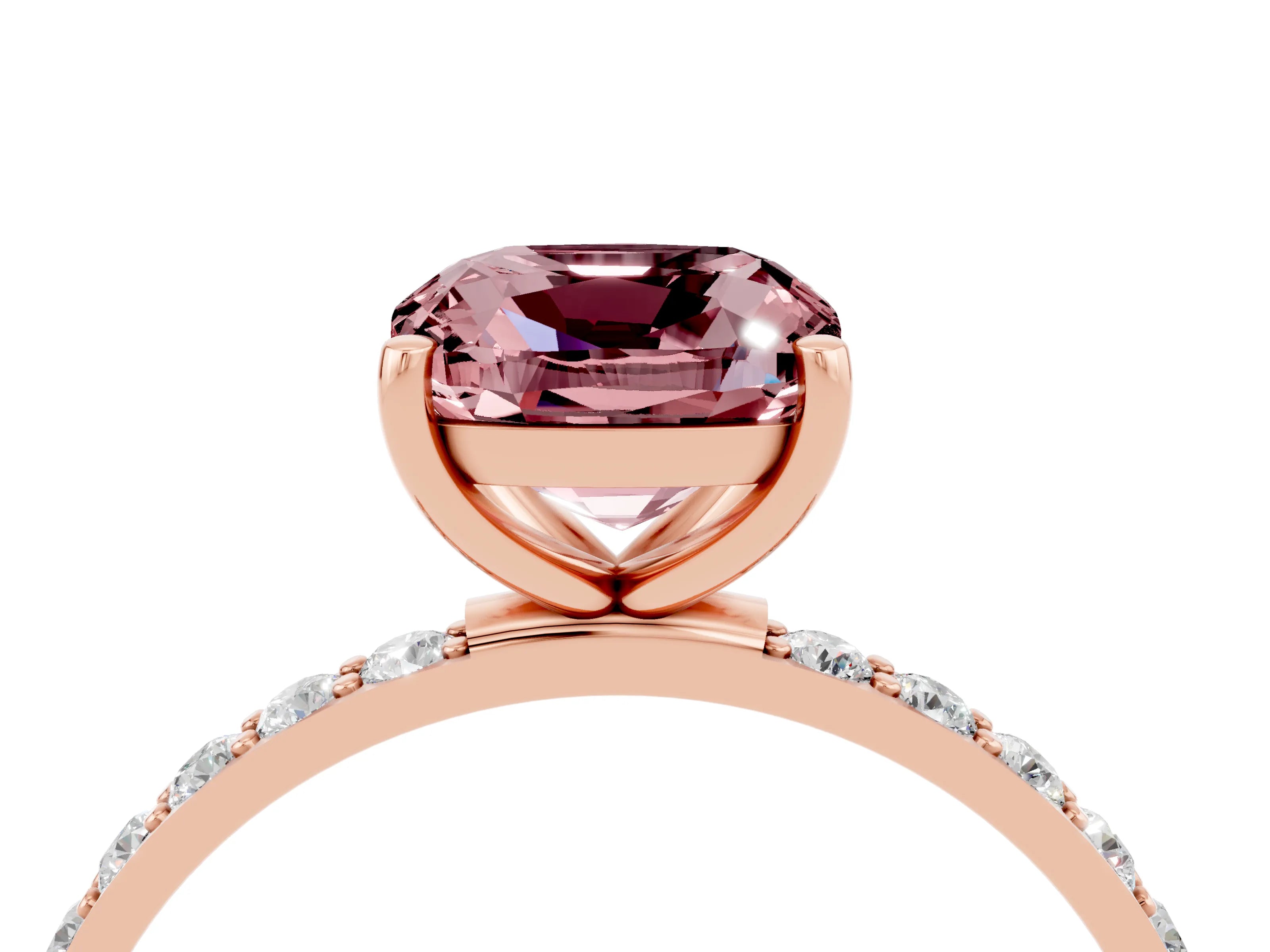 Rose gold Cushion Cut Morganite Solitaire Ring with Pave Band and Four Prong Setting_28