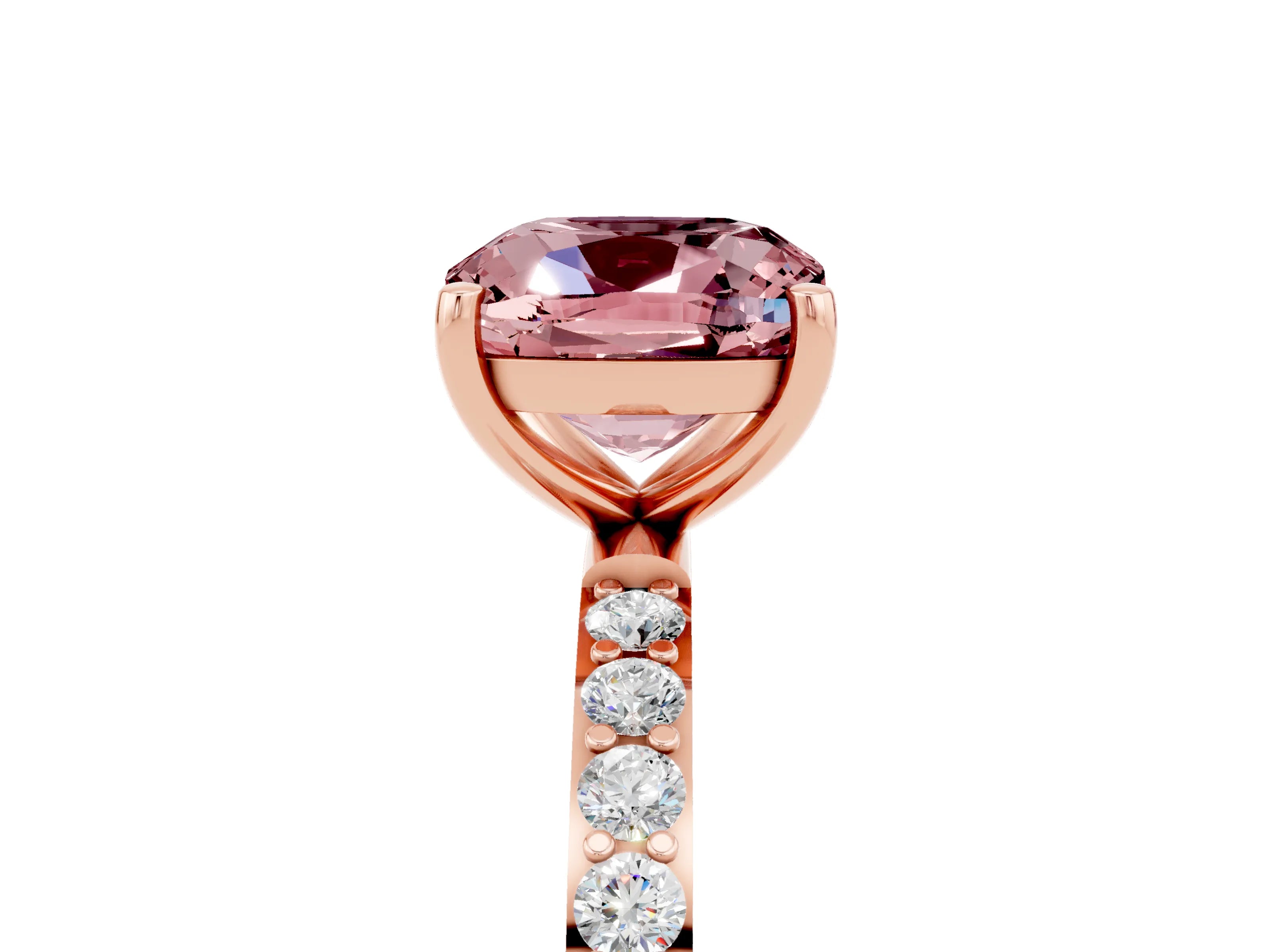 Rose gold Cushion Cut Morganite Solitaire Ring with Pave Band and Four Prong Setting_29