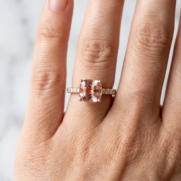 Rose gold Cushion Cut Morganite Solitaire Ring with Round  Pavé Band and Four-Prong Setting