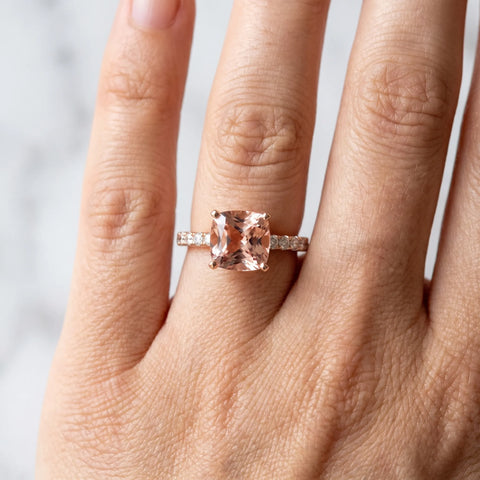 Rose gold Cushion Cut Morganite Solitaire Ring with Round  Pavé Band and Four-Prong Setting_30