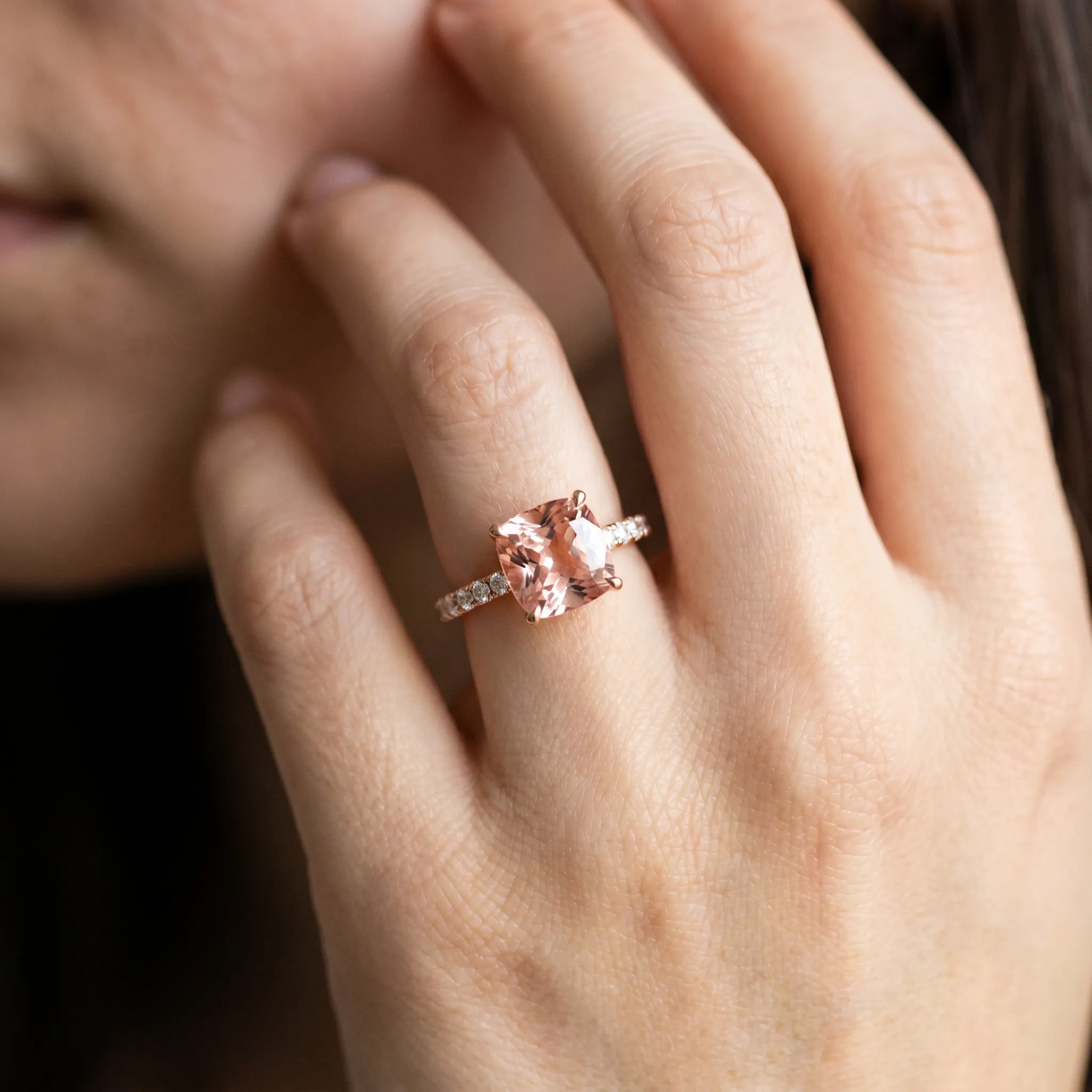 Rose gold Cushion Cut Morganite Solitaire Ring with Round  Pavé Band and Four-Prong Setting_32