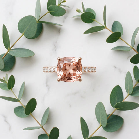 Rose gold Cushion Cut Morganite Solitaire Ring with Round  Pavé Band and Four-Prong Setting_33