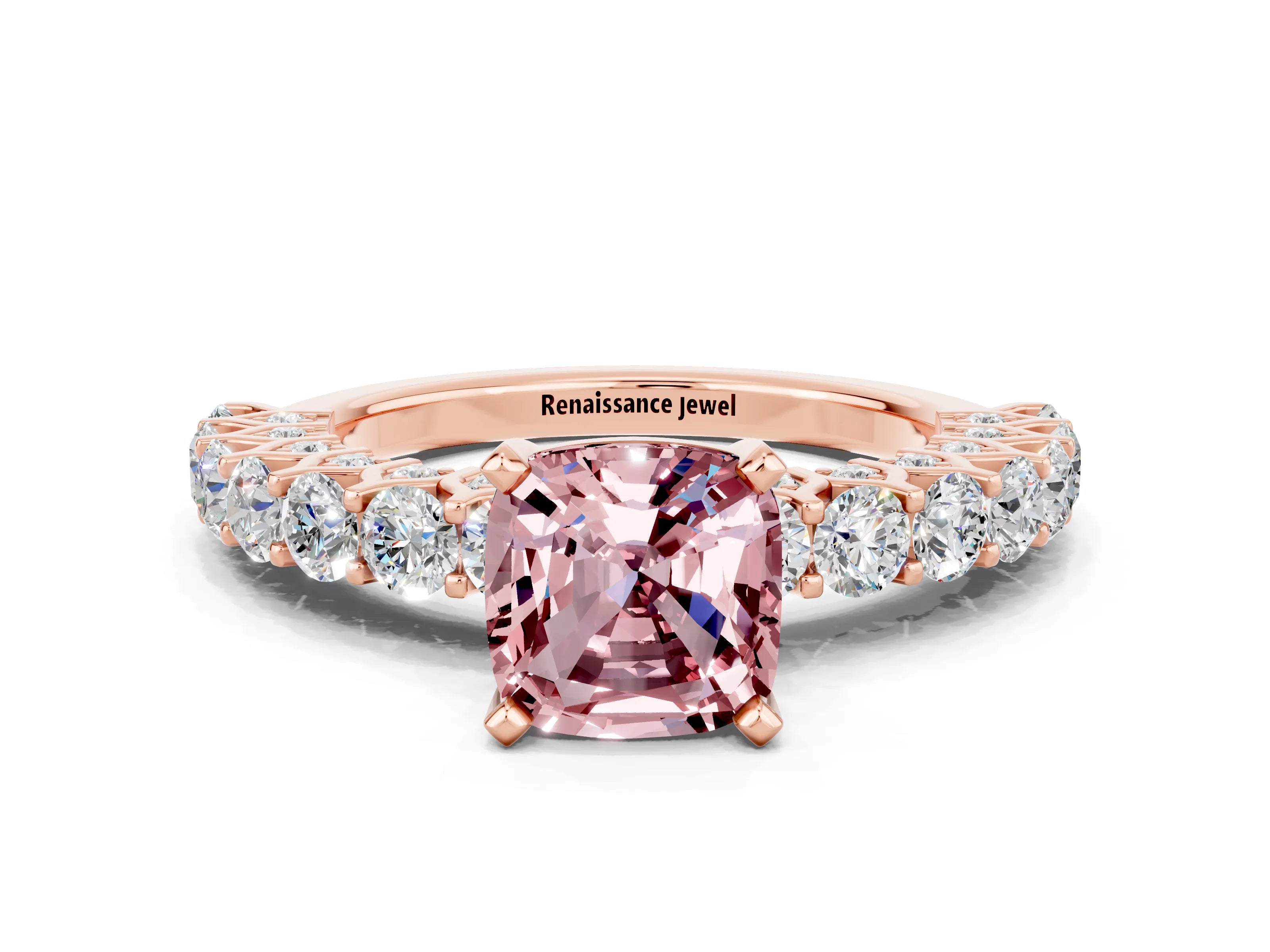 Rose gold Cushion Cut Morganite Solitaire Ring with Shared Prong Pavé Band and Four-Prong Setting