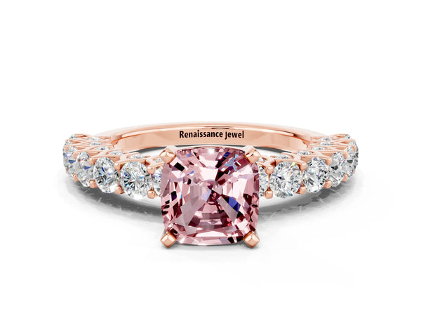 Rose gold Cushion Cut Morganite Solitaire Ring with Shared Prong Pavé Band and Four-Prong Setting