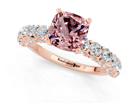 Rose gold Cushion Cut Morganite Solitaire Ring with Shared Prong Pavé Band and Four-Prong Setting_1