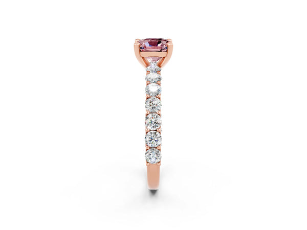 Rose gold Cushion Cut Morganite Solitaire Ring with Shared Prong Pavé Band and Four-Prong Setting