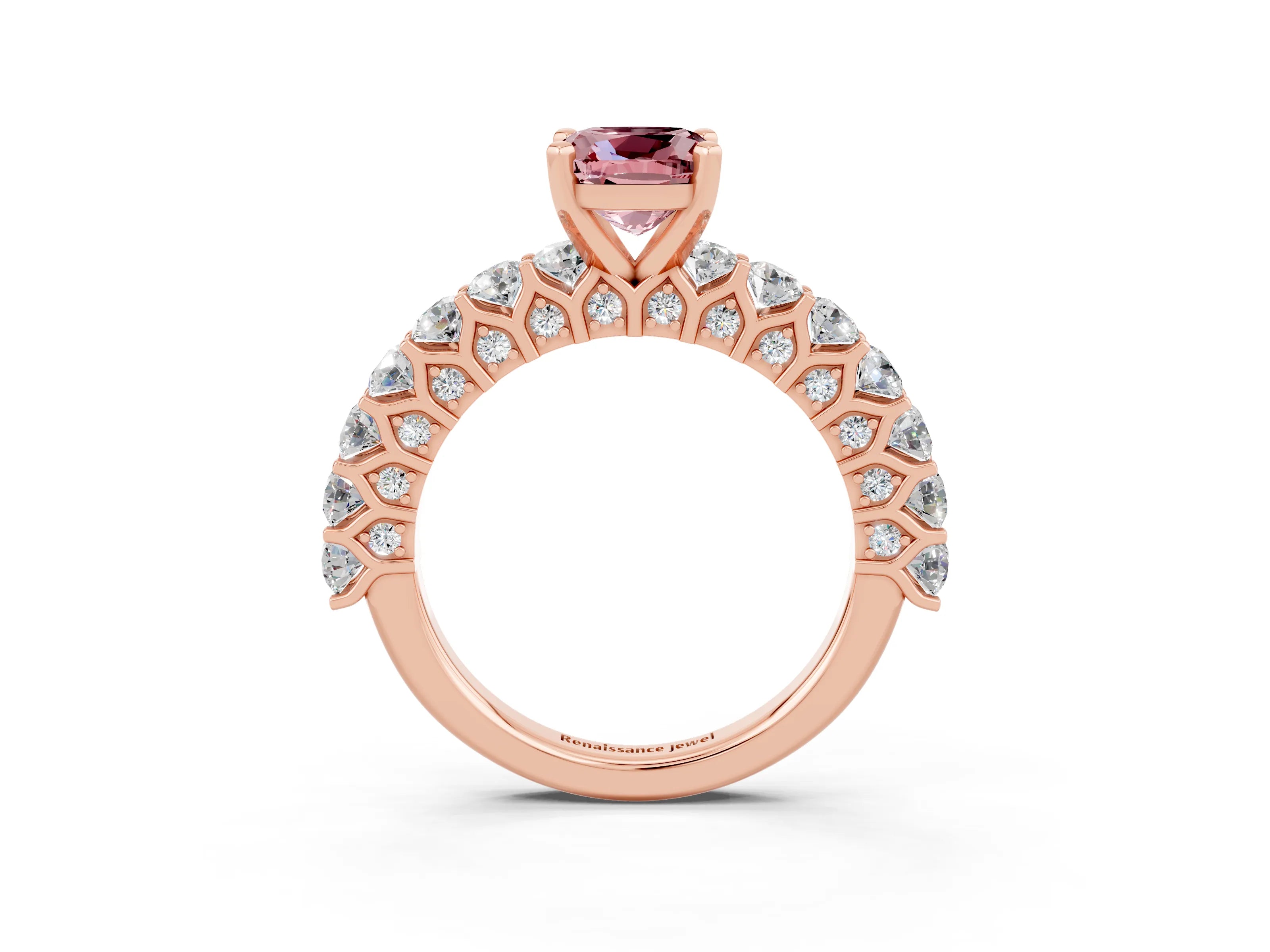 Rose gold Cushion Cut Morganite Solitaire Ring with Shared Prong Pavé Band and Four-Prong Setting_3